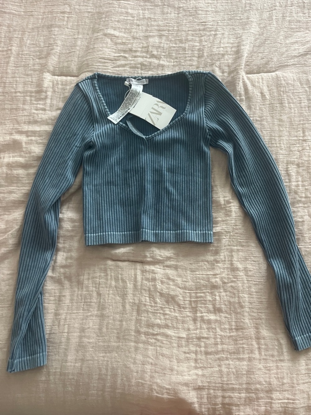 Zara Dusty Blue Ribbed V-Neck Crop Top